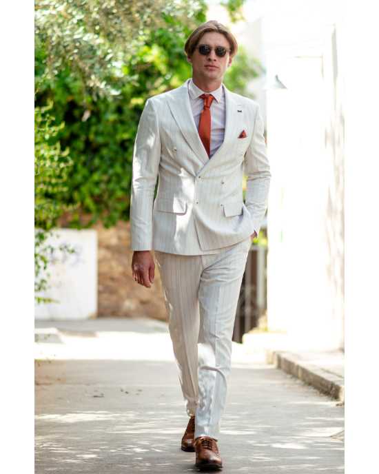 Κοστούμι Black Papigion μπεζ με καφέ ρίγα SLIM FIT