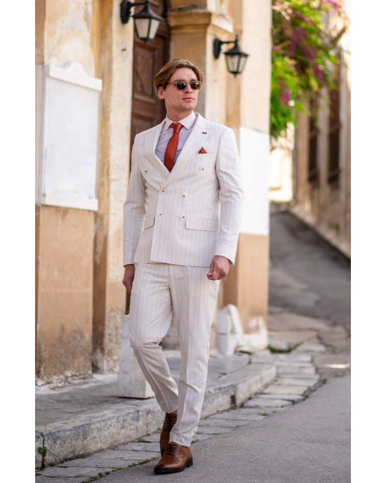 Κοστούμι Black Papigion μπεζ με καφέ ρίγα SLIM FIT