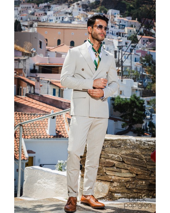 Κοστούμι Black Papigion μπεζ με άσπρη ρίγα SLIM FIT