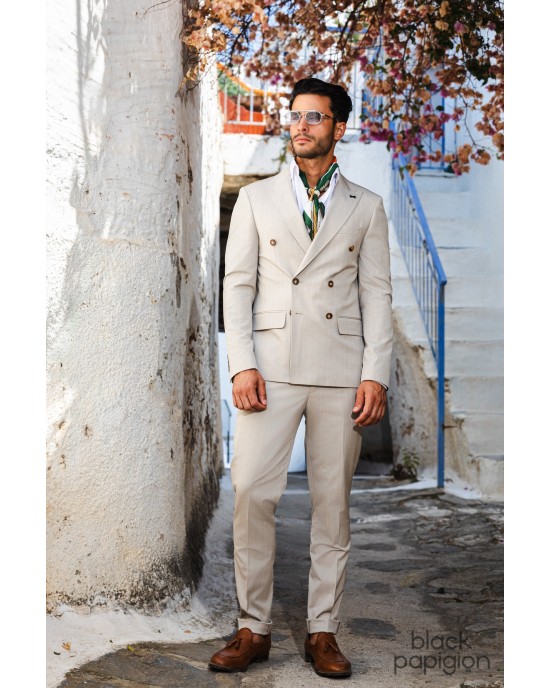Κοστούμι Black Papigion μπεζ με άσπρη ρίγα SLIM FIT