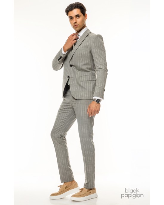 Κοστούμι Italian Job γκρι με άσπρη ρίγα SLIM FIT