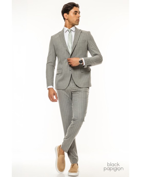 Κοστούμι Italian Job γκρι με άσπρη ρίγα SLIM FIT