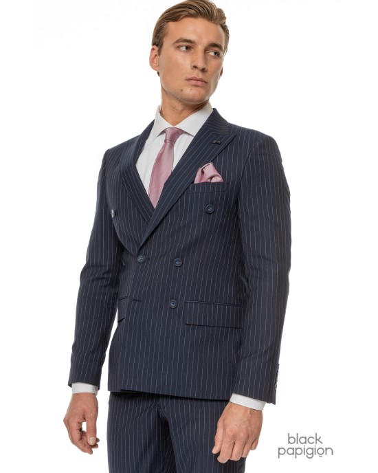 Κοστούμι Black Papigion μπλε με άσπρη ριγα SLIM FIT
