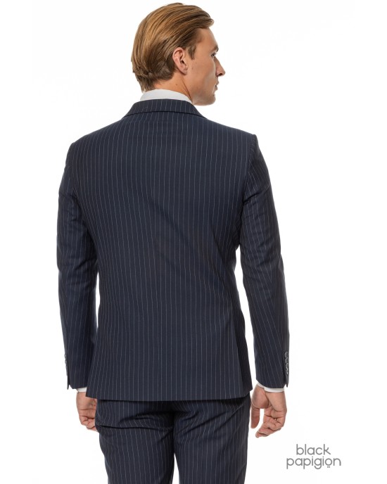 Κοστούμι Black Papigion μπλε με άσπρη ριγα SLIM FIT