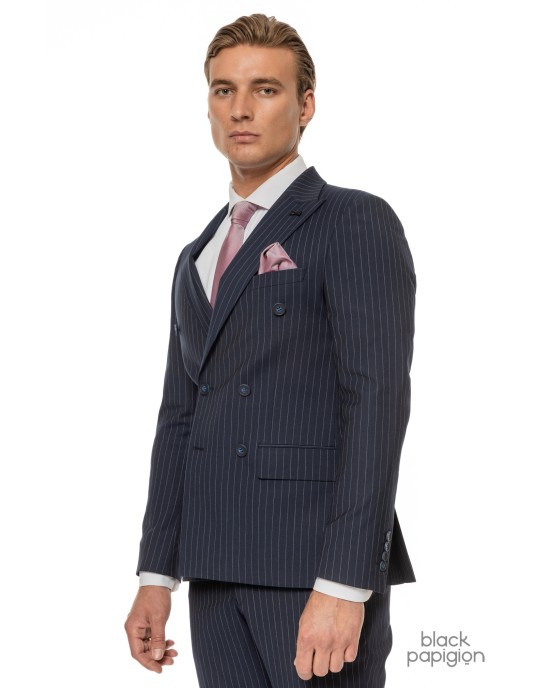 Κοστούμι Black Papigion μπλε με άσπρη ριγα SLIM FIT