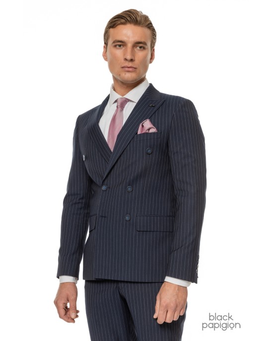 Κοστούμι Black Papigion μπλε με άσπρη ριγα SLIM FIT