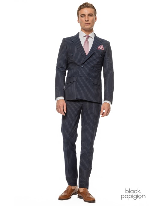 Κοστούμι Black Papigion μπλε με άσπρη ριγα SLIM FIT