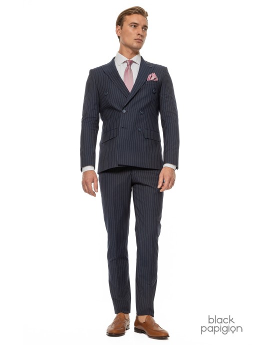 Κοστούμι Black Papigion μπλε με άσπρη ριγα SLIM FIT