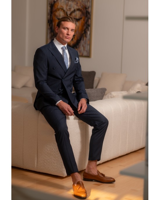 Κοστούμι Black Papigion μπλε με άσπρη ριγα SLIM FIT