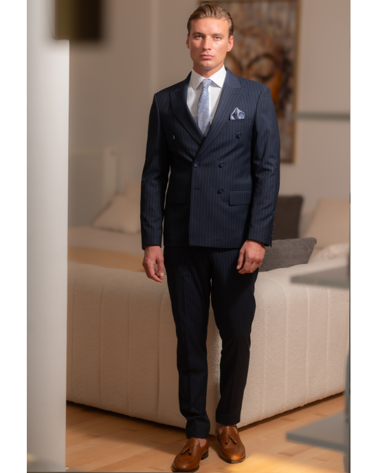 Κοστούμι Black Papigion μπλε με άσπρη ριγα SLIM FIT