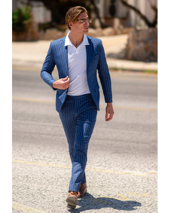 Κοστούμι Italian Job μπλε με άσπρη ρίγα SLIM FIT