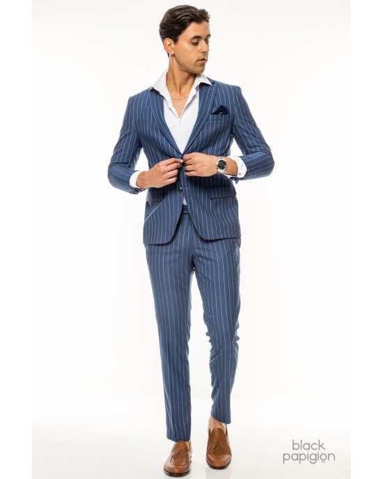 Κοστούμι Italian Job μπλε με άσπρη ρίγα SLIM FIT