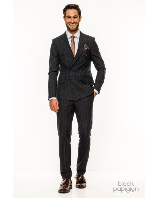 Κοστούμι Black Papigion μπλε με κίτρινη ριγα SLIM FIT