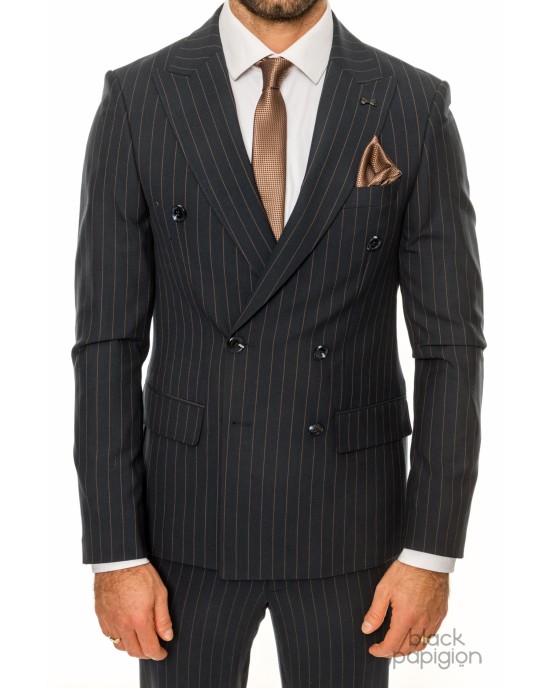 Κοστούμι Black Papigion μπλε με κίτρινη ριγα SLIM FIT