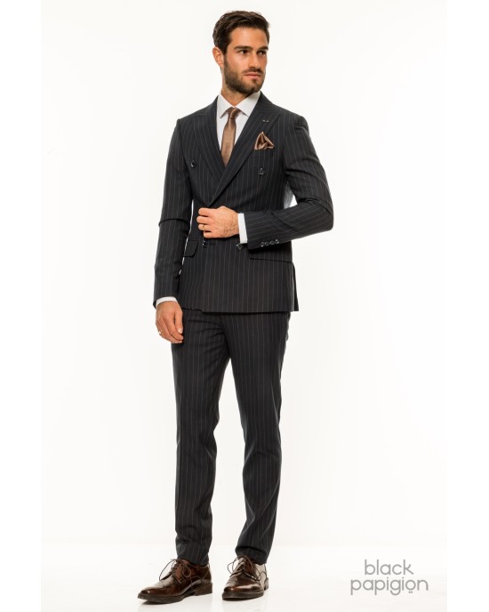 Κοστούμι Black Papigion μπλε με κίτρινη ριγα SLIM FIT