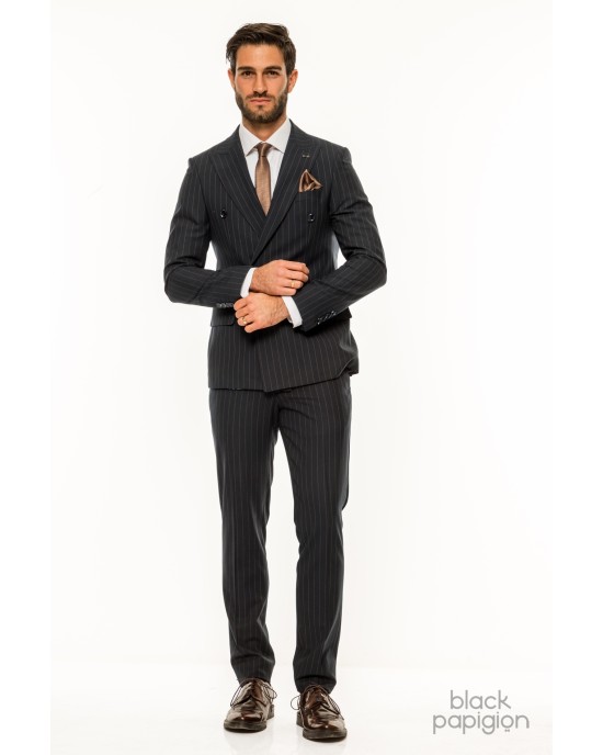 Κοστούμι Black Papigion μπλε με κίτρινη ριγα SLIM FIT