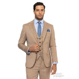 Κοστούμι Vittorio Montone μπεζ με καρό μπλε Κοστούμι Vittorio Montone μπεζ με καρό μπλε