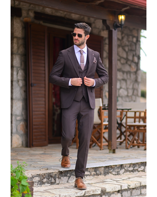 Κοστούμι Vittorio Mirano καφέ με άσπρη ρίγα SLIM FIT