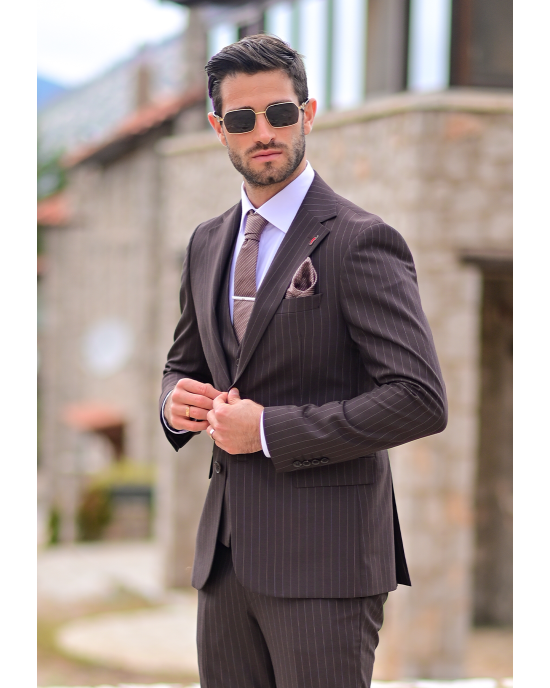 Κοστούμι Vittorio Mirano καφέ με άσπρη ρίγα SLIM FIT