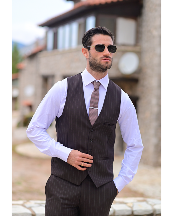 Κοστούμι Vittorio Mirano καφέ με άσπρη ρίγα SLIM FIT