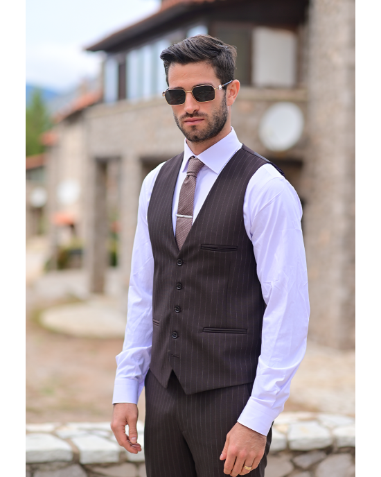Κοστούμι Vittorio Mirano καφέ με άσπρη ρίγα SLIM FIT