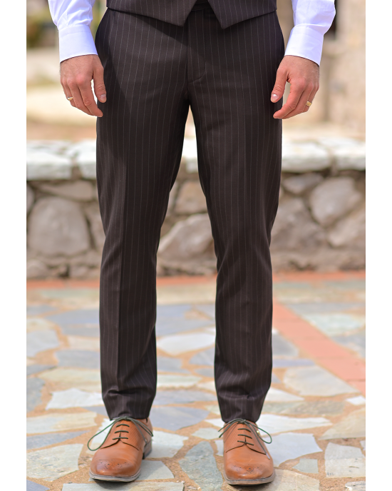 Κοστούμι Vittorio Mirano καφέ με άσπρη ρίγα SLIM FIT