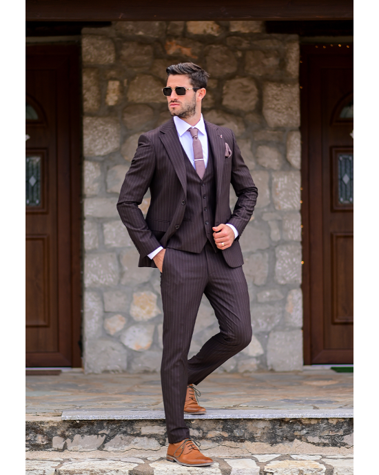 Κοστούμι Vittorio Mirano καφέ με άσπρη ρίγα SLIM FIT