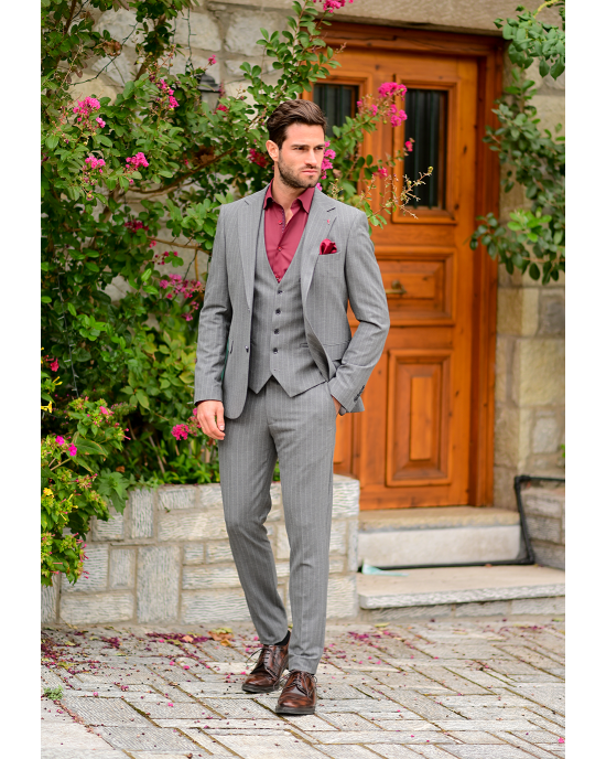 Κοστούμι Vittorio Mirano γκρι με άσπρη ρίγα SLIM FIT