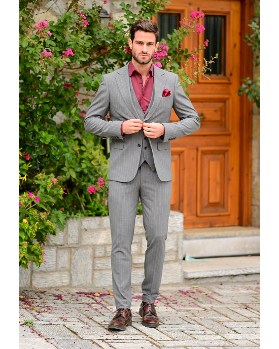 Κοστούμι Vittorio Mirano γκρι με άσπρη ρίγα SLIM FIT