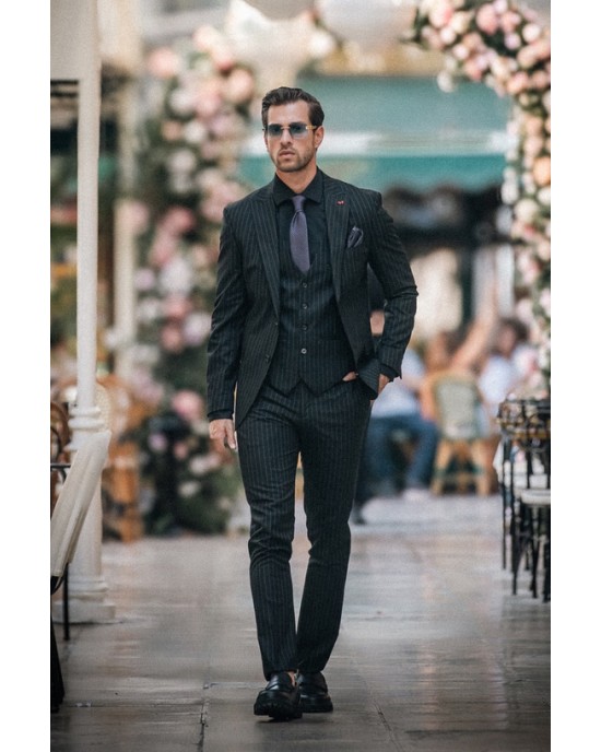 Κοστούμι Dezign μαύρο με άσπρη ρίγα SLIM FIT