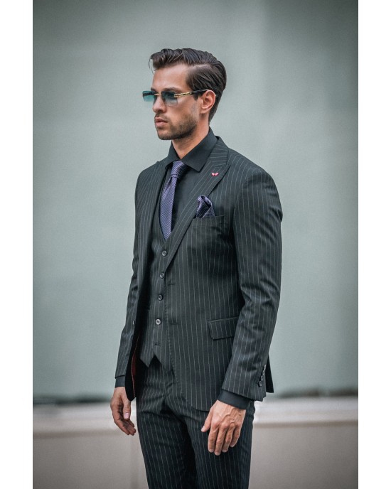 Κοστούμι Dezign μαύρο με άσπρη ρίγα SLIM FIT