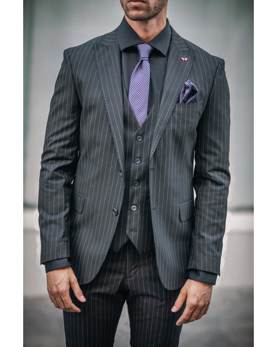 Κοστούμι Dezign μαύρο με άσπρη ρίγα SLIM FIT