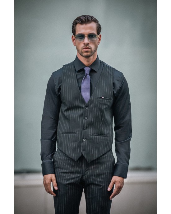 Κοστούμι Dezign μαύρο με άσπρη ρίγα SLIM FIT