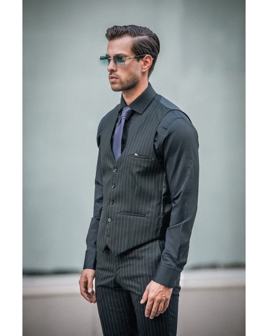 Κοστούμι Dezign μαύρο με άσπρη ρίγα SLIM FIT