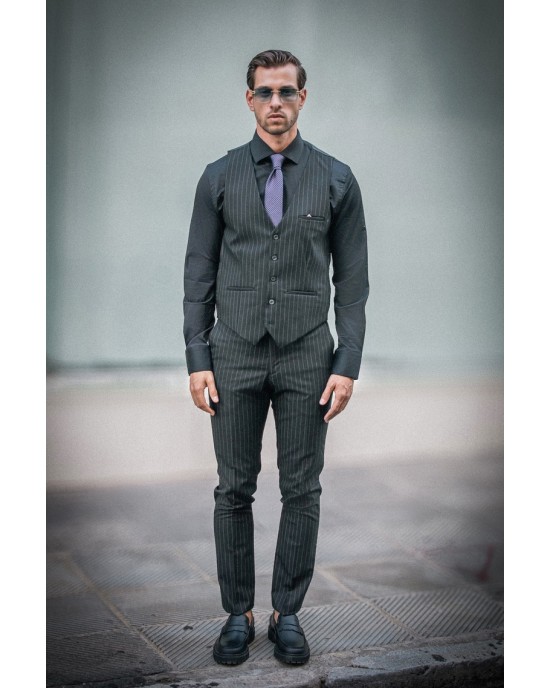 Κοστούμι Dezign μαύρο με άσπρη ρίγα SLIM FIT