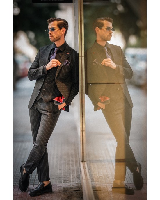 Κοστούμι Dezign μαύρο με άσπρη ρίγα SLIM FIT