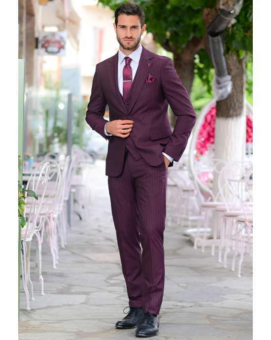 Κοστούμι Vittorio Mirano μπορντό με άσπρη ρίγα SLIM FIT