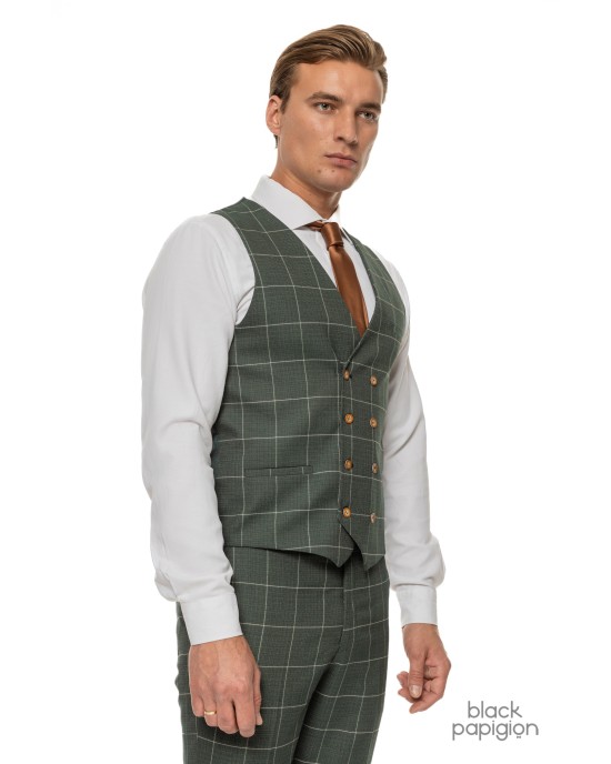Κοστούμι Black Papigion πράσινο με καρό ασπρό SLIM FIT