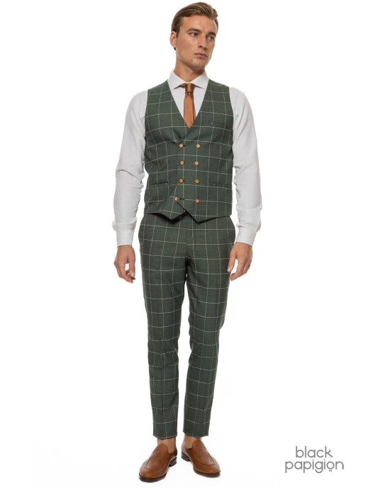 Κοστούμι Black Papigion πράσινο με καρό ασπρό SLIM FIT