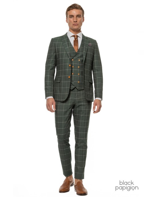 Κοστούμι Black Papigion πράσινο με καρό ασπρό SLIM FIT