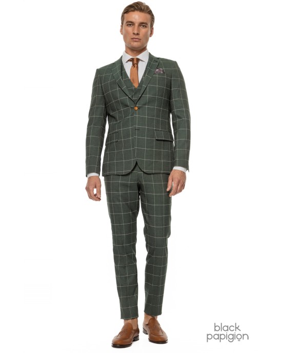 Κοστούμι Black Papigion πράσινο με καρό ασπρό SLIM FIT