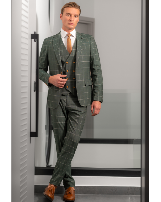 Κοστούμι Black Papigion πράσινο με καρό ασπρό SLIM FIT