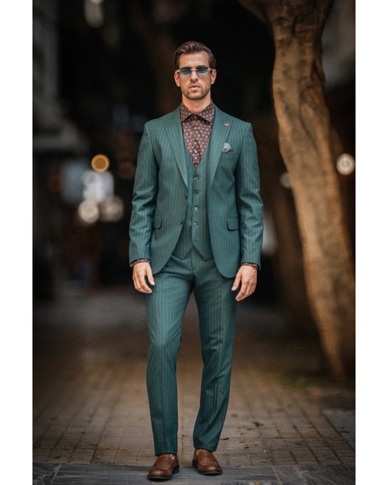 Κοστούμι Dezign πράσινο με άσπρη ρίγα SLIM FIT