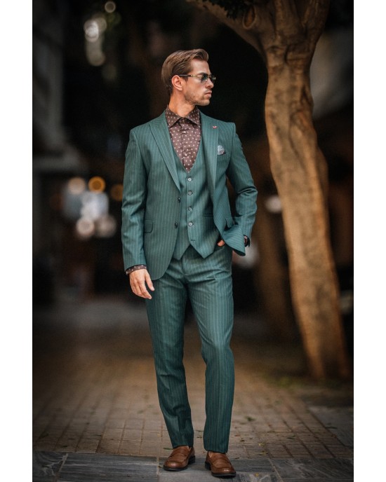 Κοστούμι Dezign πράσινο με άσπρη ρίγα SLIM FIT