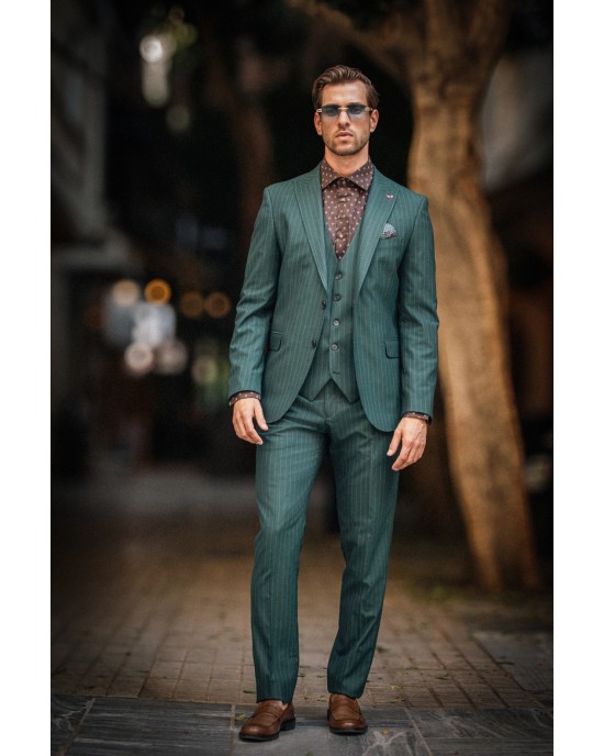 Κοστούμι Dezign πράσινο με άσπρη ρίγα SLIM FIT