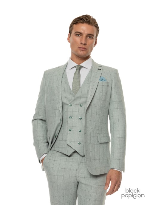 Κοστούμι Black Papigion μέντας με καρό πράσινο SLIM FIT