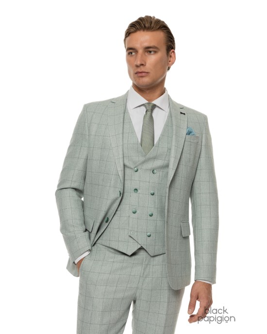 Κοστούμι Black Papigion μέντας με καρό πράσινο SLIM FIT