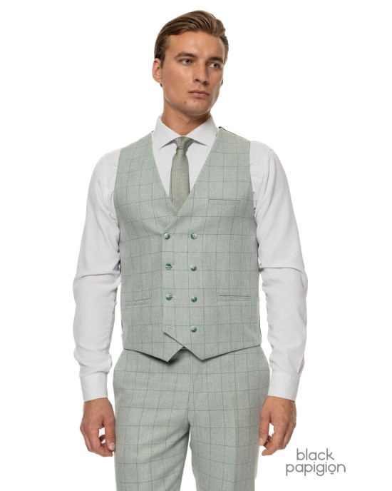 Κοστούμι Black Papigion μέντας με καρό πράσινο SLIM FIT