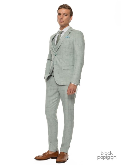 Κοστούμι Black Papigion μέντας με καρό πράσινο SLIM FIT