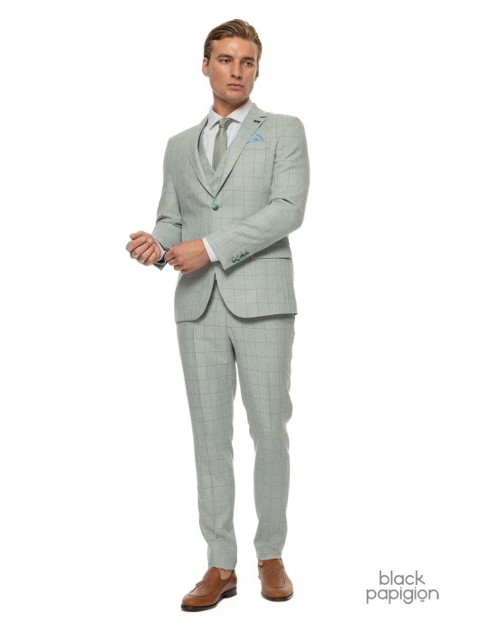 Κοστούμι Black Papigion μέντας με καρό πράσινο SLIM FIT